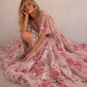 Mac Duggal Pink Floral Embroidered Maxi Dress